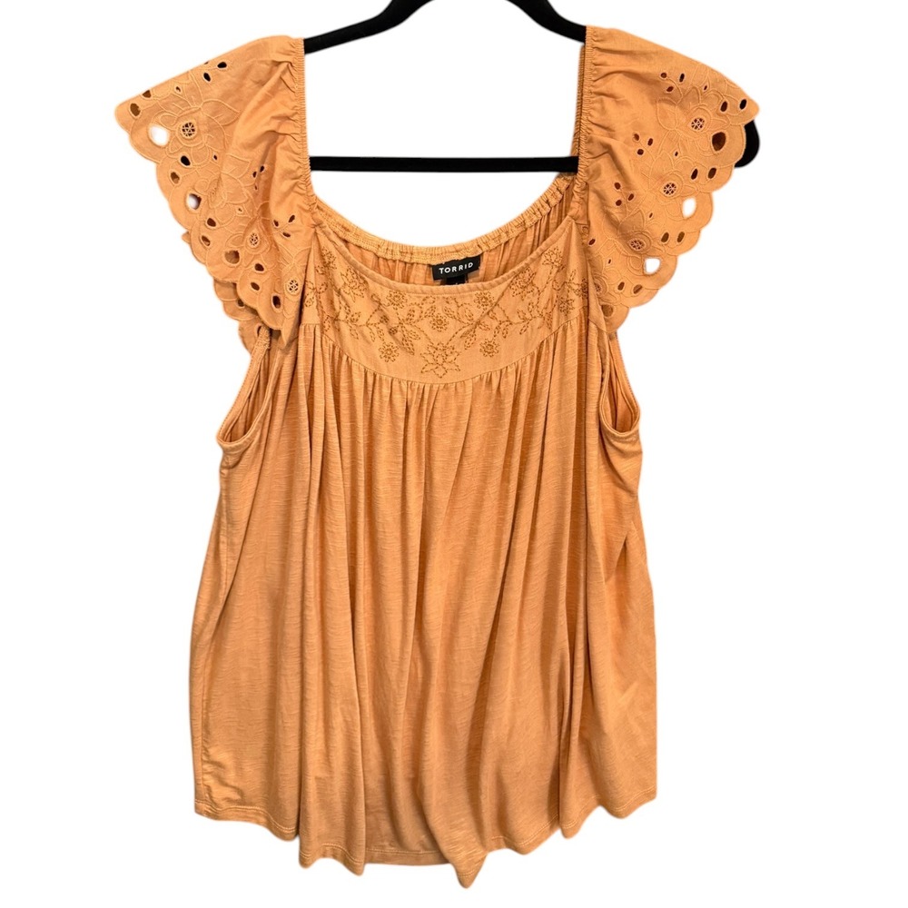 Torrid Womens Orange Eyelet Flutter Sleeve Embroidered Babydoll Top Size 1 Plus